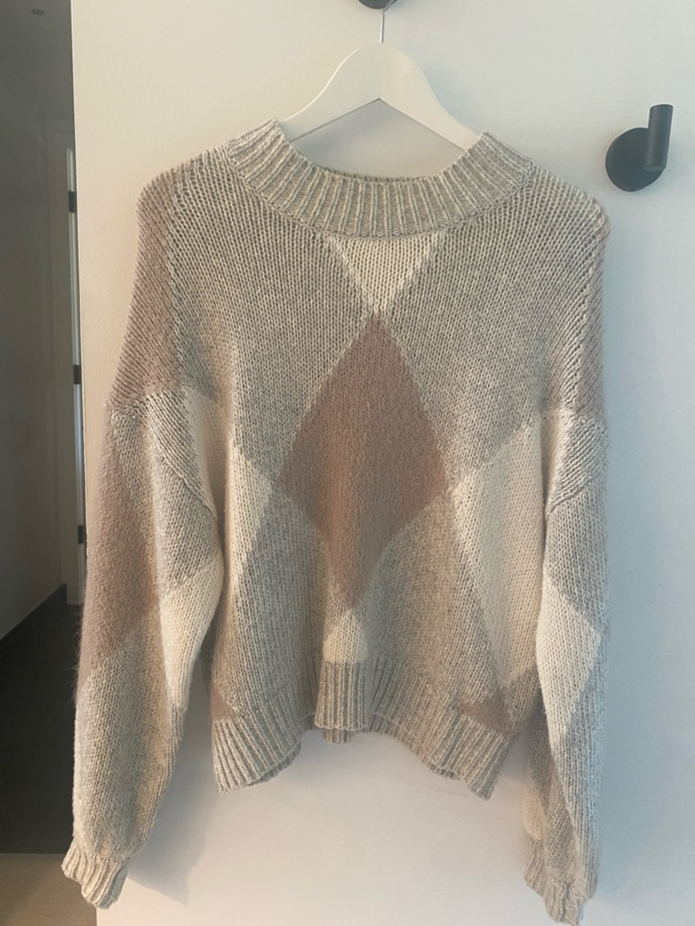 Ann Taylor Neutral Argyle Crewneck Sweater - Beige & Cream